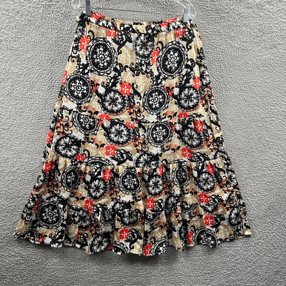 Women Tiered Flowy Pull On Midi Skirt XXL Artsy Bohemian Medallion Indie Relaxed